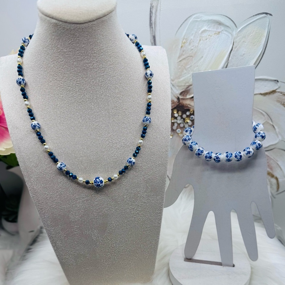 Necklace and Bracelet Blue floral design ceramic beaded set